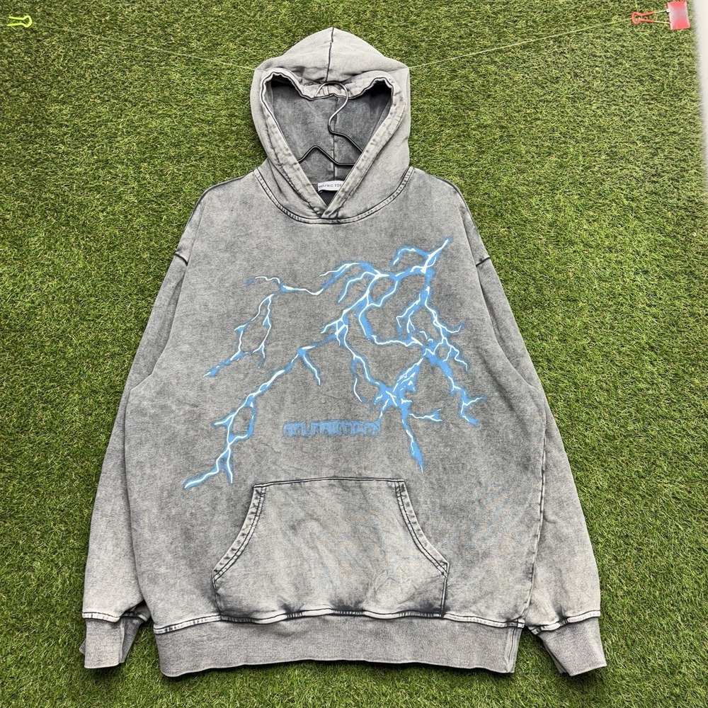 Aelfric Eden Washed Lightning Print Hoodie Mens Large Oversized Distressed Gray